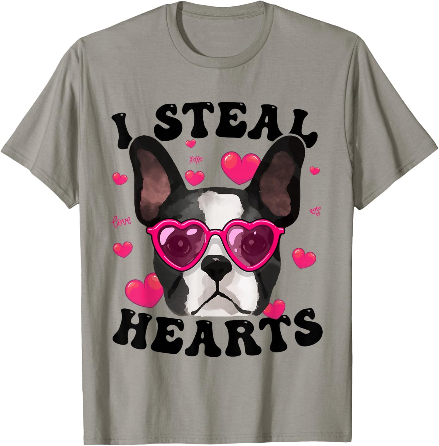 Boston Terrier Heart Glasses Girls Bostie Valentines Day T-Shirt - T-Shirt | Sand