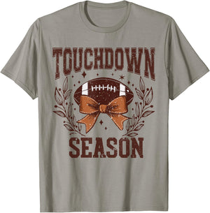 Touch Down Season Coquette Football Bow Fall Football Mom T-Shirt - T-Shirt | Sand