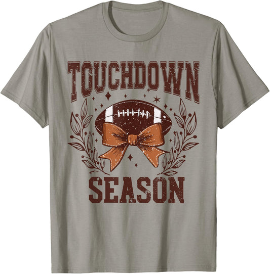 Touch Down Season Coquette Football Bow Fall Football Mom T-Shirt - T-Shirt | Sand
