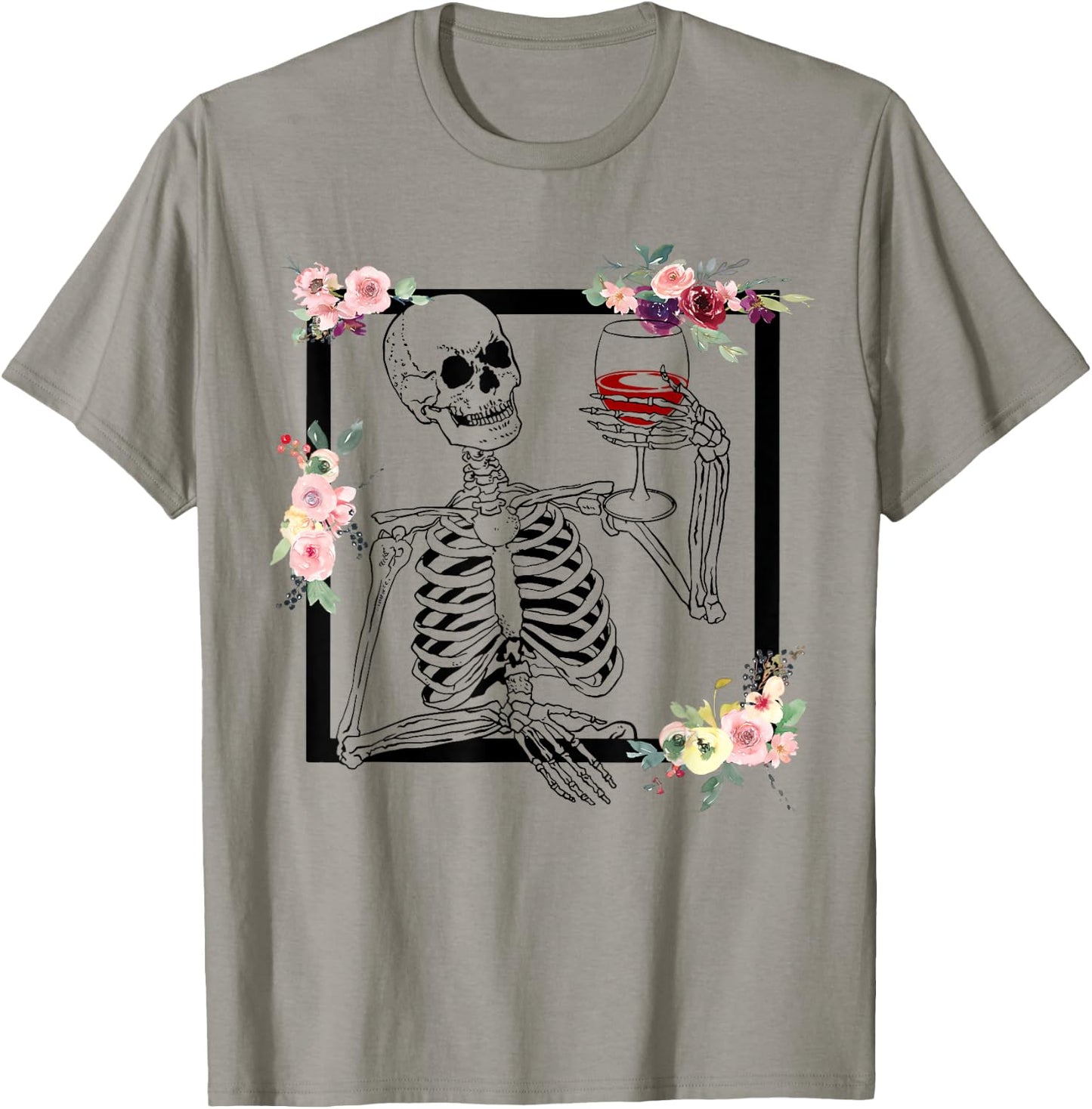 Halloween Funny Hallo-Wine Floral Skeleton Drinking Wine T-Shirt - T-Shirt | Sand