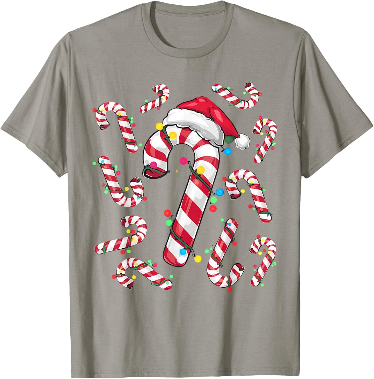 Cute Christmas Candy Cane Santa Hat and Christmas Lights T-Shirt - T-Shirt | Sand