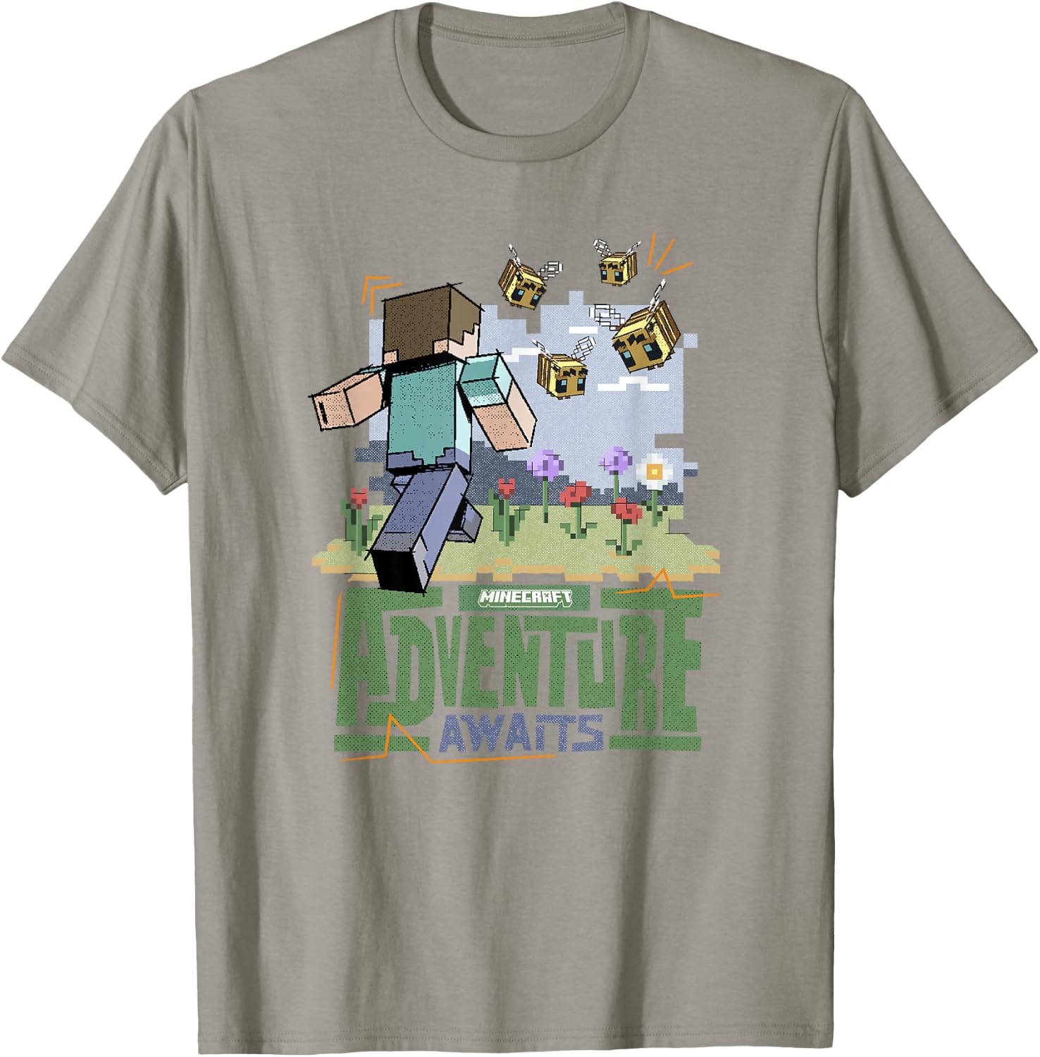 Minecraft Adventure Awaits Steve Running Through Field T-Shirt - T-Shirt | Sand