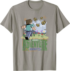 Minecraft Adventure Awaits Steve Running Through Field T-Shirt - T-Shirt | Sand