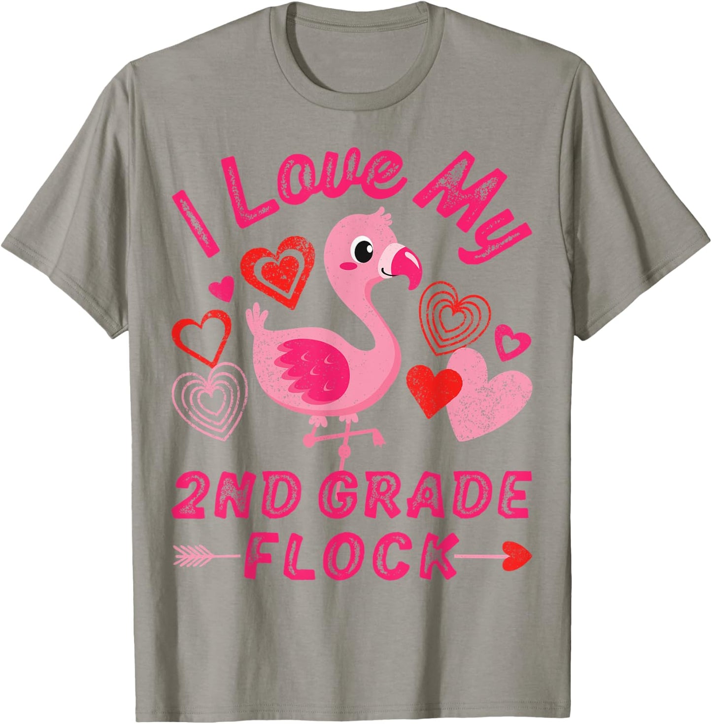 Love My 2nd Grade Flock Flamingo Second Grade Heart Teacher Men Women T-Shirt - T-Shirt | Sand
