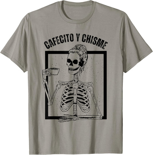 Cafecito y Chisme Skeleton, Cafecito y Chisme T-Shirt - T-Shirt | Sand