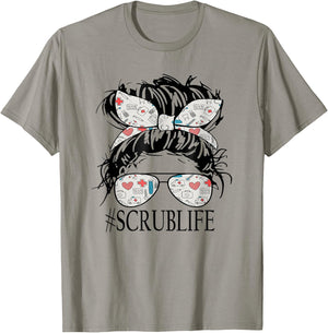 Messy Hair Woman Bun Stethoscope Scrub Life Nurse T-Shirt - T-Shirt | Sand