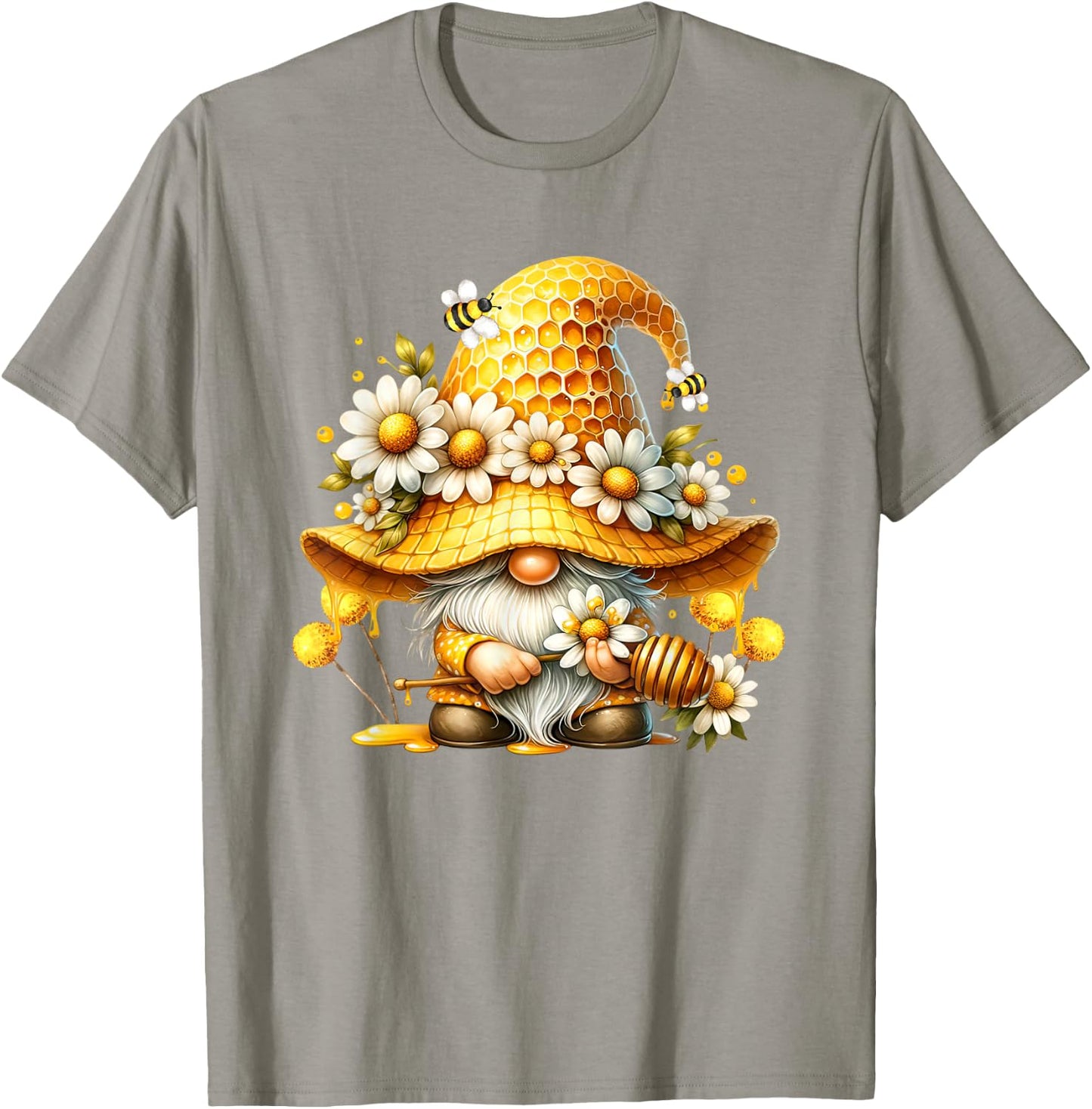 Unique Hippie Gnome Graphic With Daisy Flower And Honey Bees T-Shirt - T-Shirt | Sand
