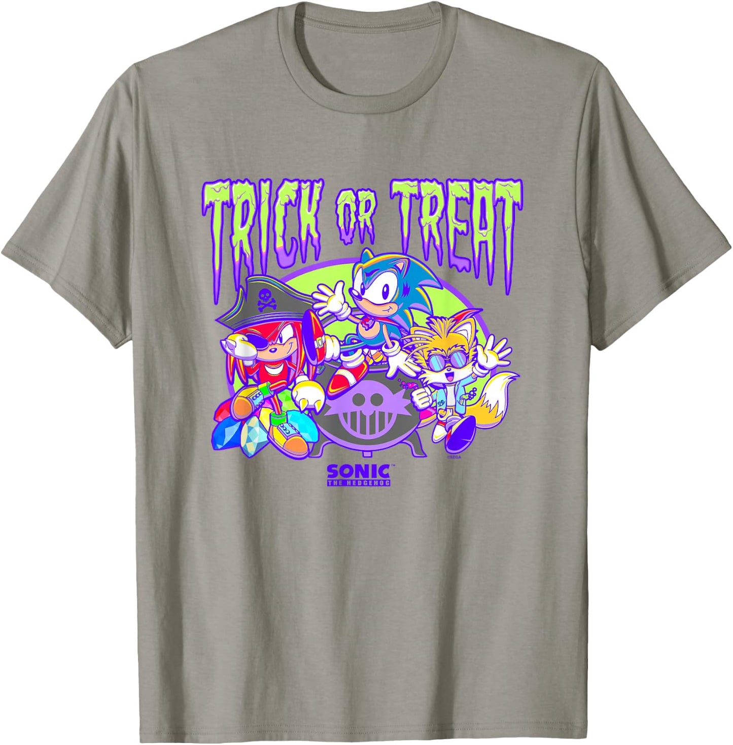 Sonic The Hedgehog Halloween Trick Or Treat Retro Neon Logo T-Shirt - T-Shirt | Sand