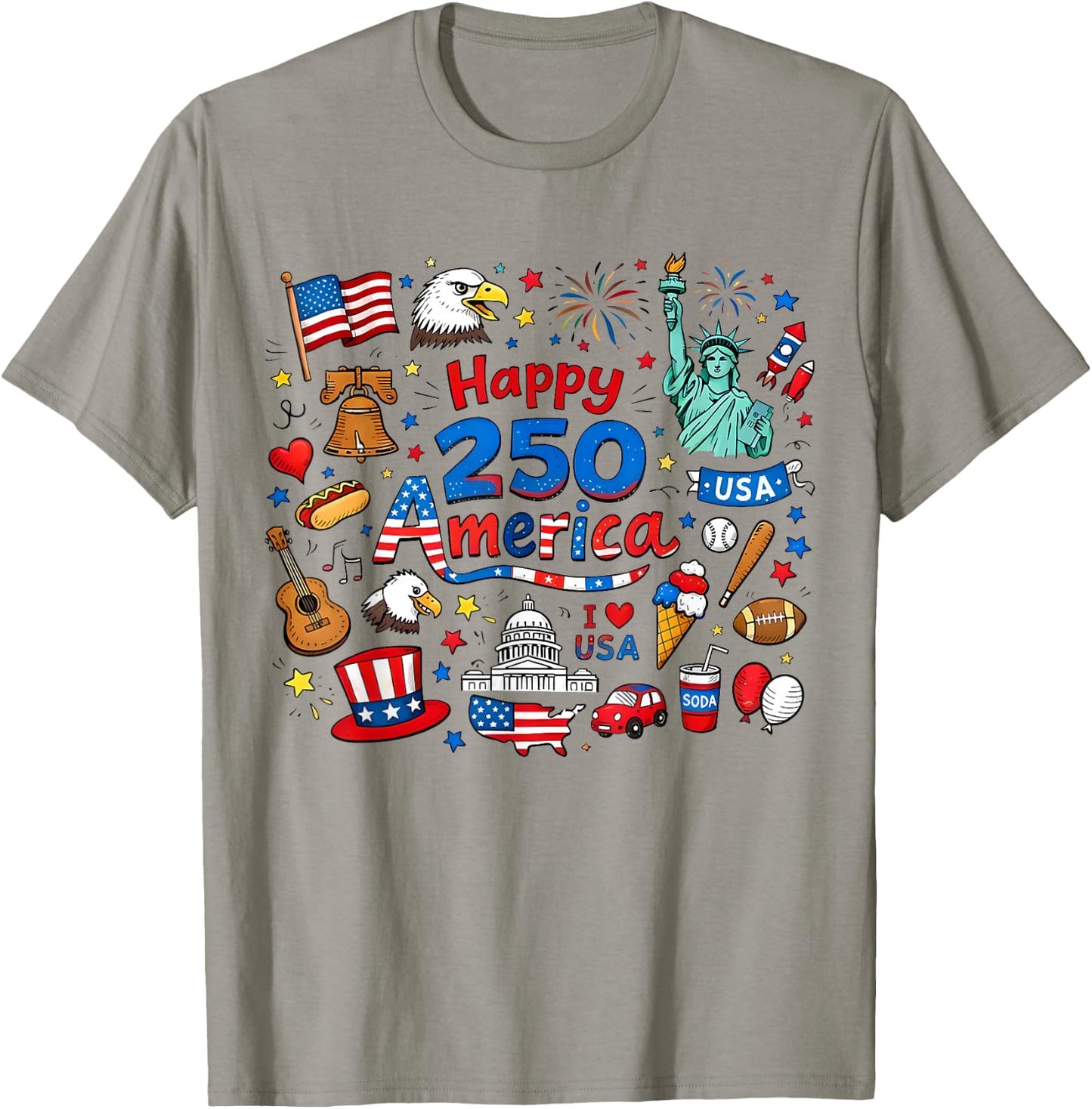 Happy 250 America Doodle 1776–2026 4th of July Teacher Kids T-Shirt - T-Shirt | Sand