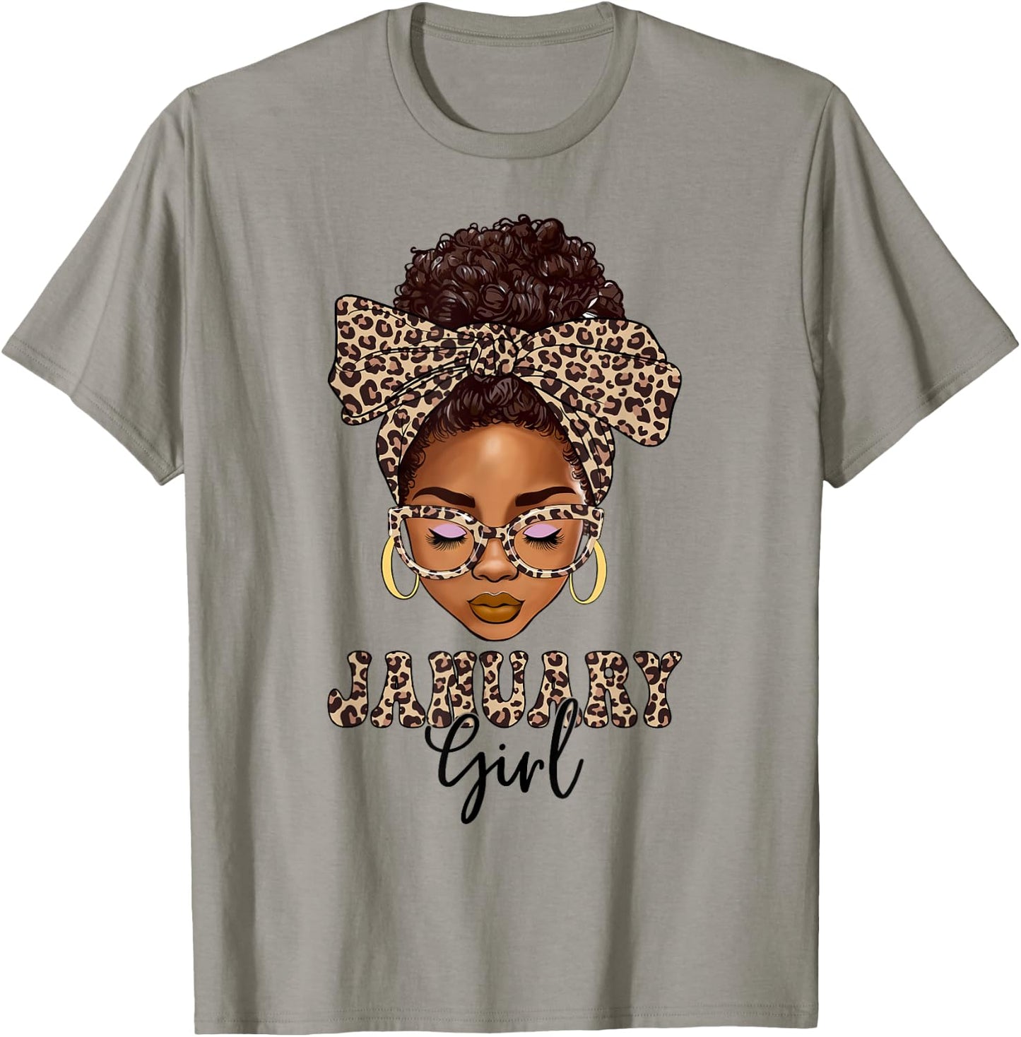 January Girls Messy Bun Leopard Black Women Birthday T-Shirt - T-Shirt | Sand