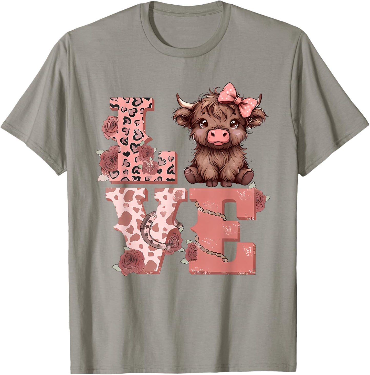 Valentine Highland Cow Love Animal Cute Cow Heart Bandana T-Shirt - T-Shirt | Sand
