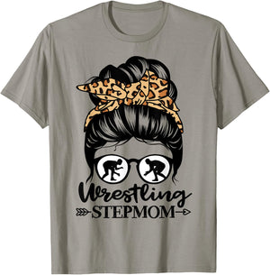 Wrestling Stepmom Messy Bun Hair Funny Wrestler Stepmom T-Shirt - T-Shirt | Sand