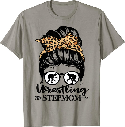 Wrestling Stepmom Messy Bun Hair Funny Wrestler Stepmom T-Shirt - T-Shirt | Sand