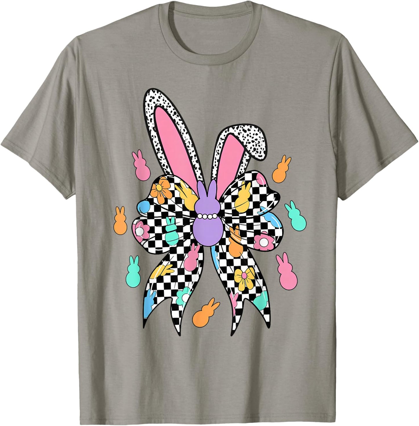Happy Easter Bunny Checkered Coquette Bow Ears Women Girl T-Shirt - T-Shirt | Sand