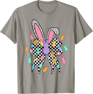 Happy Easter Bunny Checkered Coquette Bow Ears Women Girl T-Shirt - T-Shirt | Sand