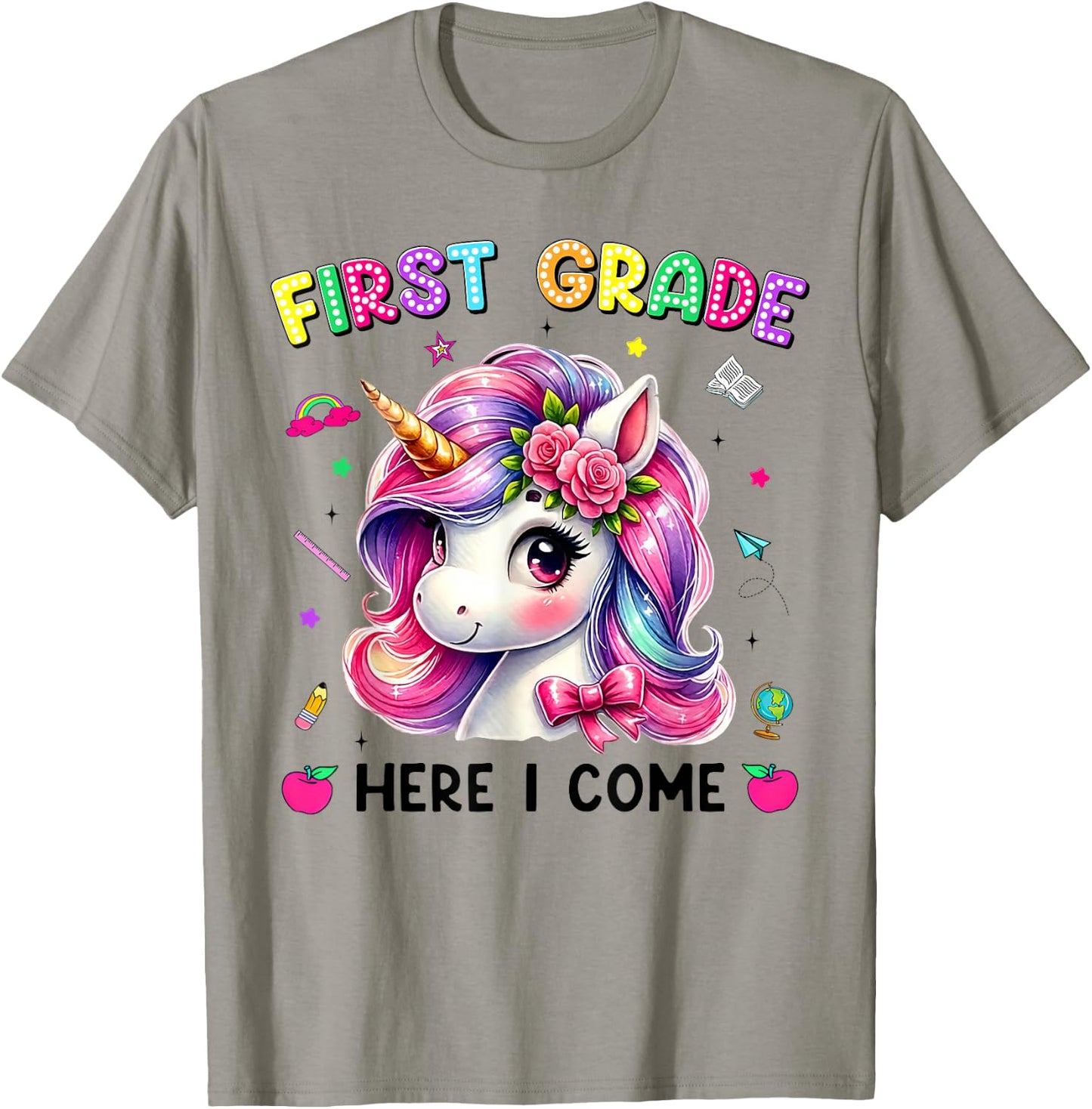 First Grade Here I Come Cute Unicorn Back to School Girls T-Shirt - T-Shirt | Sand