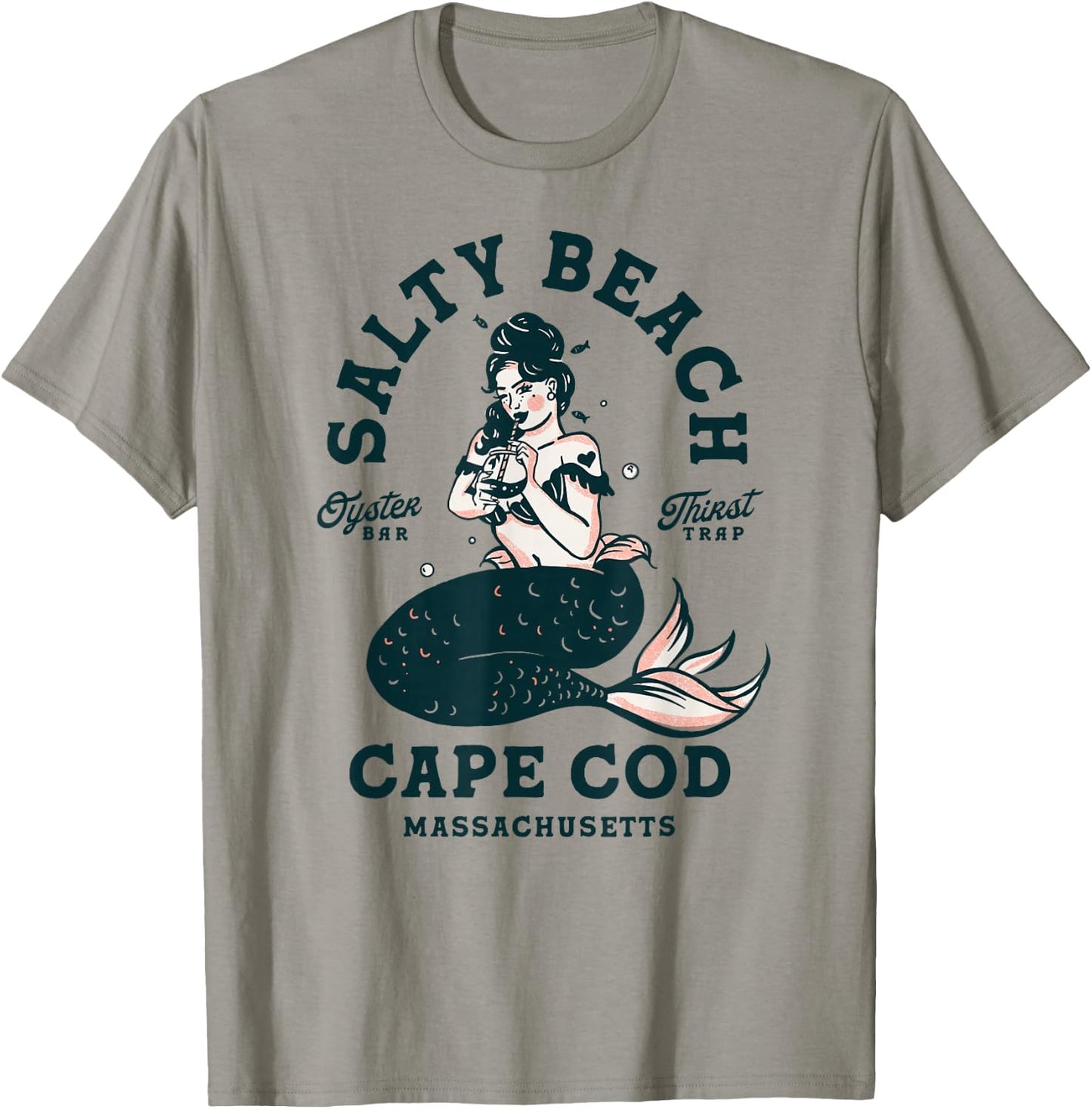 Salty Beach Oyster Bar Quirky Cape Cod Mermaid Gifts T-Shirt - T-Shirt | Sand