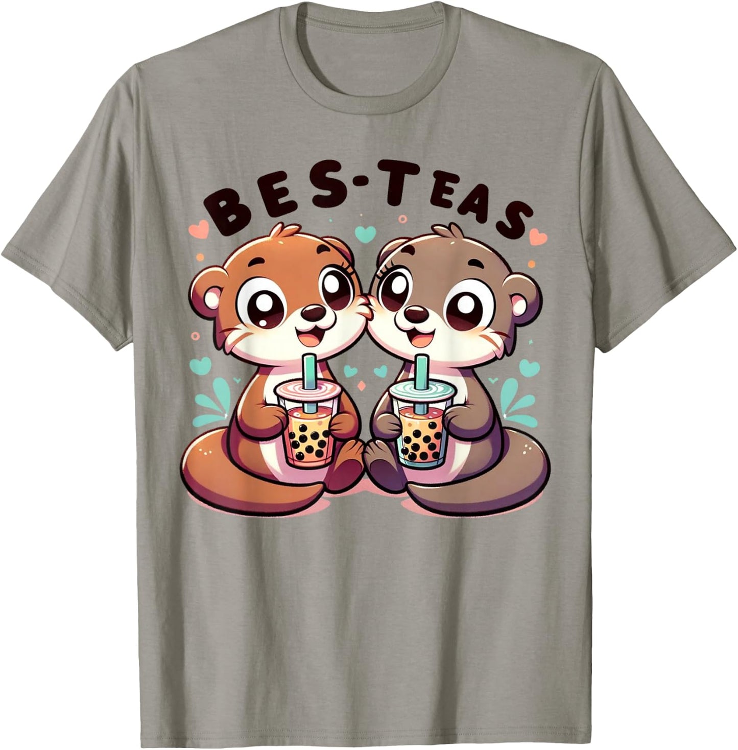Kawaii River Otter Friends Enjoying Boba Tea Bes-Teas Bestie T-Shirt - T-Shirt | Sand