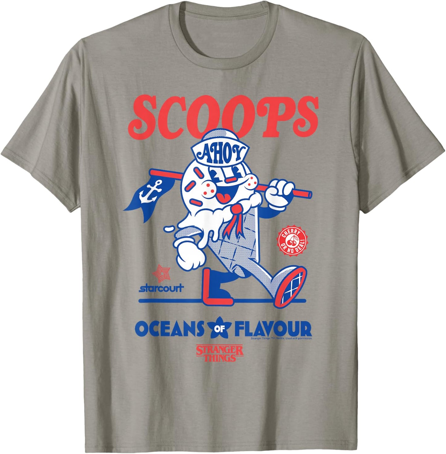 Stranger Things Scoops Ahoy Ice Cream Shop in Red/Blue , White T-Shirt - T-Shirt | Sand