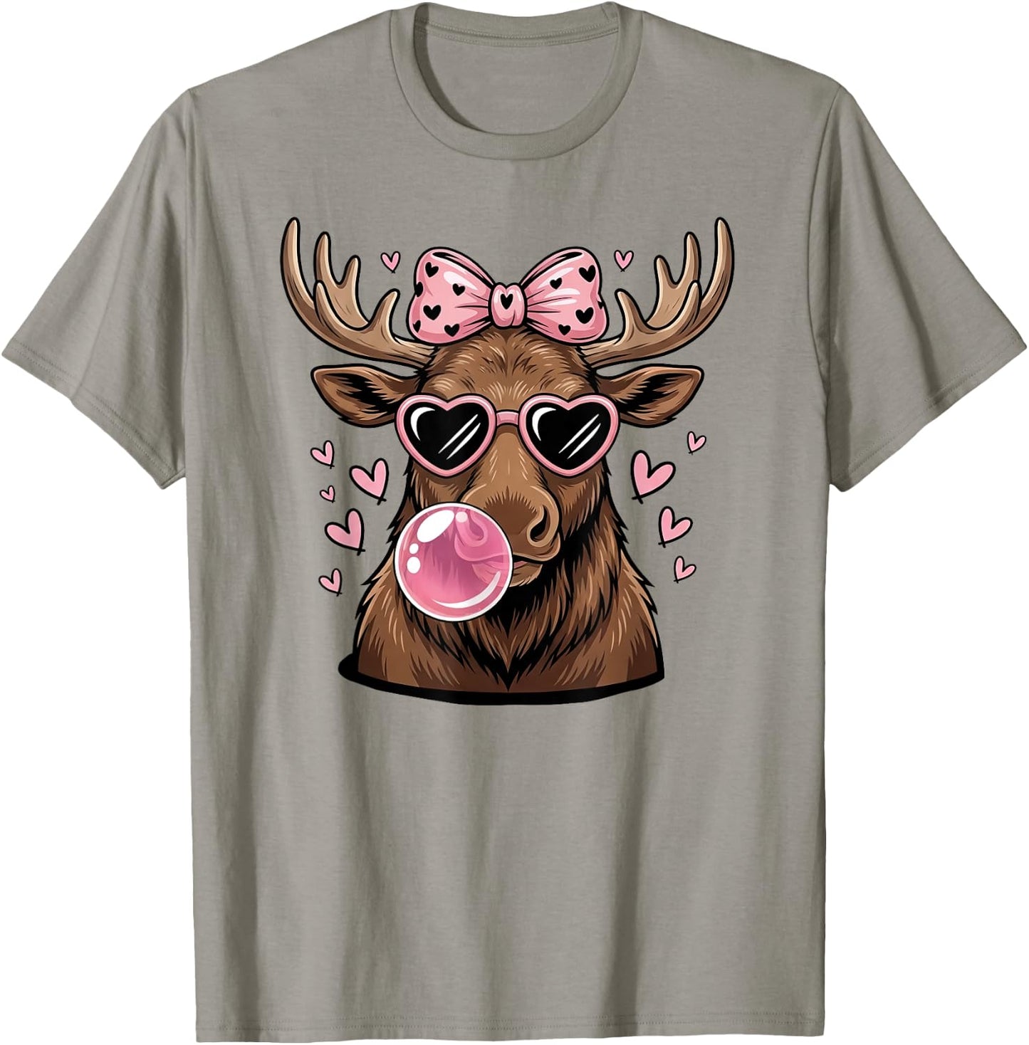 Moose Wearing Sunglasses Moose Bubble Gum Pink Coquette Bow T-Shirt - T-Shirt | Sand