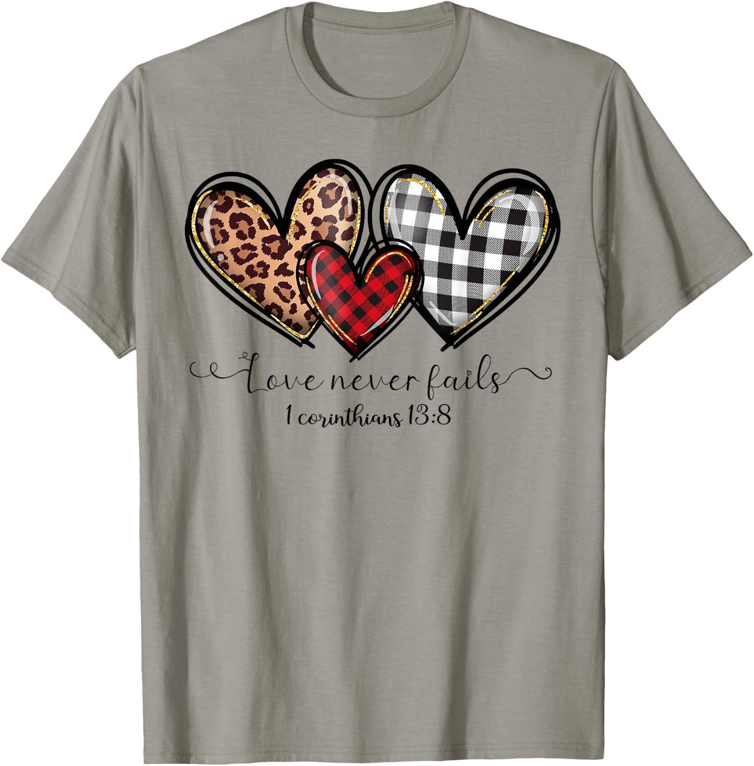 Love Never Fails Buffalo Leopard Red Plaid Print Heart Women T-Shirt - T-Shirt | Sand