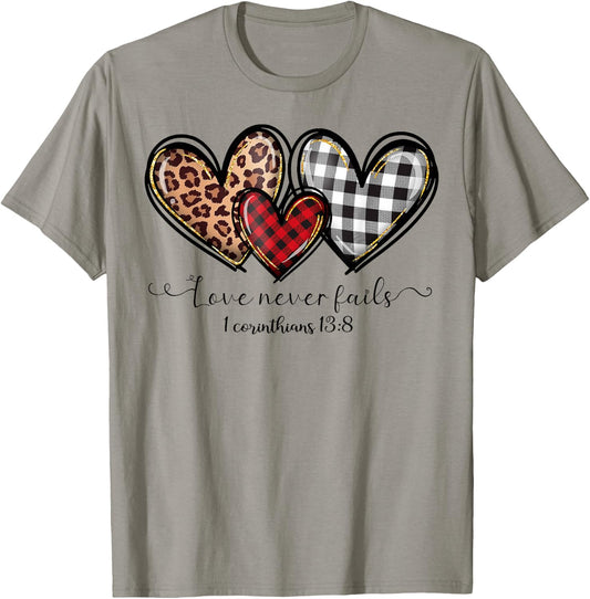Love Never Fails Buffalo Leopard Red Plaid Print Heart Women T-Shirt - T-Shirt | Sand