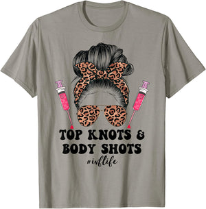Top Knots and Body Shots IVF Life Infertility TTC Messy Bun T-Shirt - T-Shirt | Sand