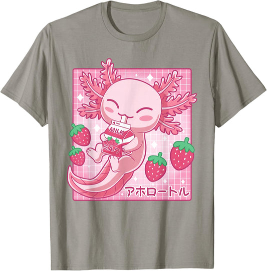 Kawaii Axolotl Strawberry Milk Shake Japanese Anime Pink T-Shirt - T-Shirt | Sand