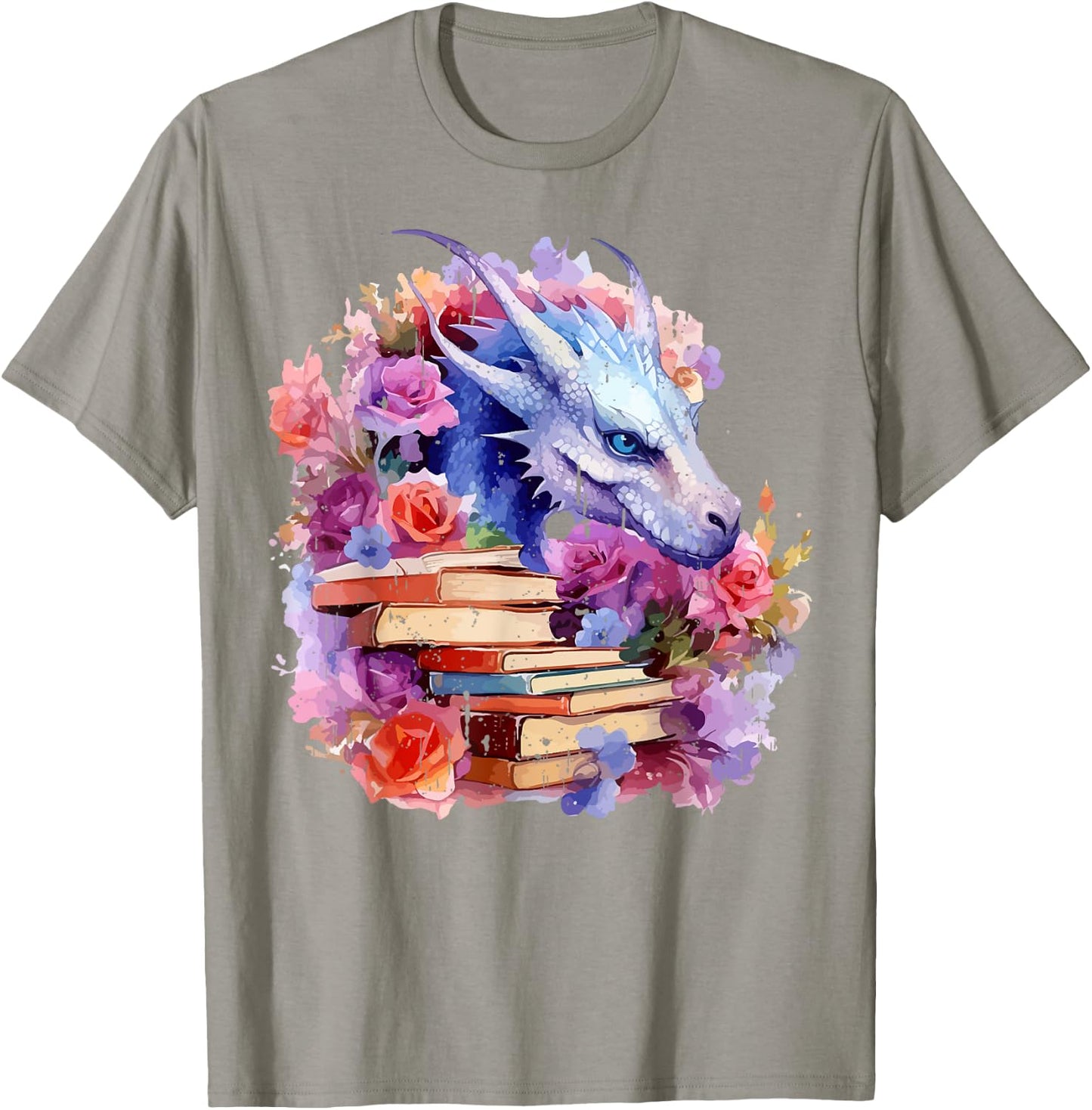Dragons and Books Watercolor Flowers Fantasy Dragon Lover T-Shirt - T-Shirt | Sand