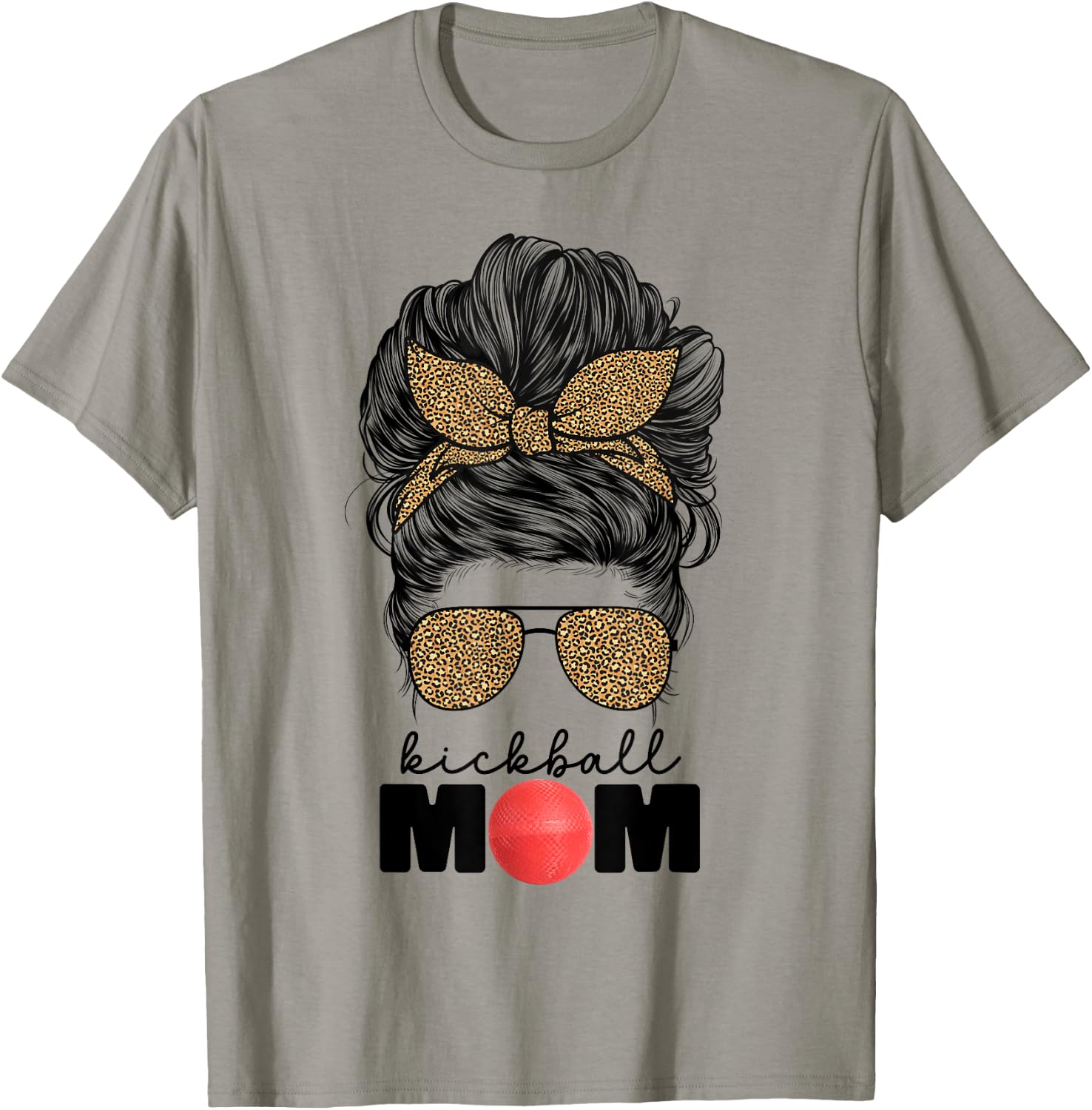 Kickball Mom Funny Leopard Messy Bun Kickball Mom T-Shirt - T-Shirt | Sand