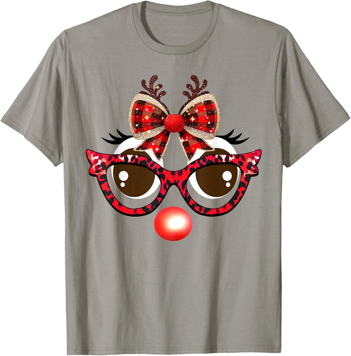 Funny Reindeer Face Leopard Sunglasses Plaid Christmas Light T-Shirt - T-Shirt | Sand