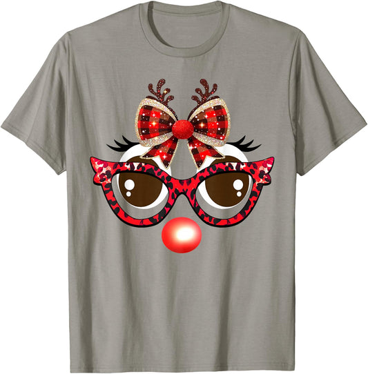 Funny Reindeer Face Leopard Sunglasses Plaid Christmas Light T-Shirt - T-Shirt | Sand