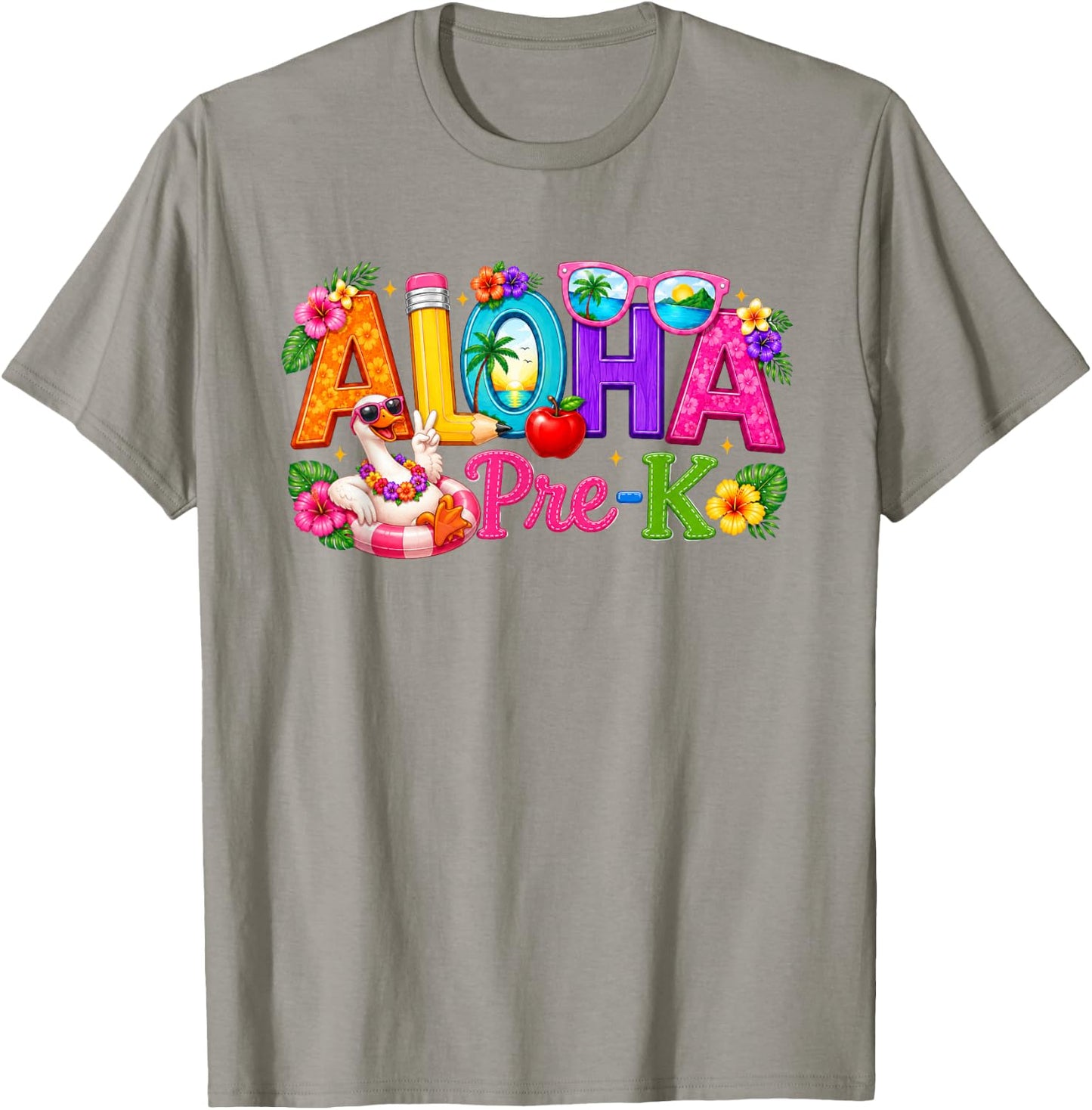 Aloha Pre-K Tropical Floral Beach Silly Goose Back to School T-Shirt - T-Shirt | Sand