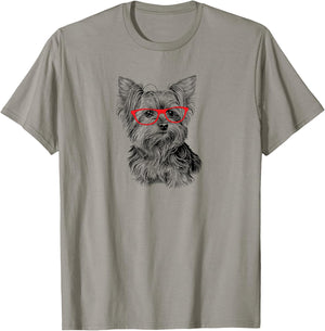 Illustration Cute Nerdy Red Glasses Yorkie Lover T-Shirt - T-Shirt | Sand
