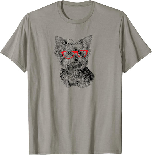 Illustration Cute Nerdy Red Glasses Yorkie Lover T-Shirt - T-Shirt | Sand