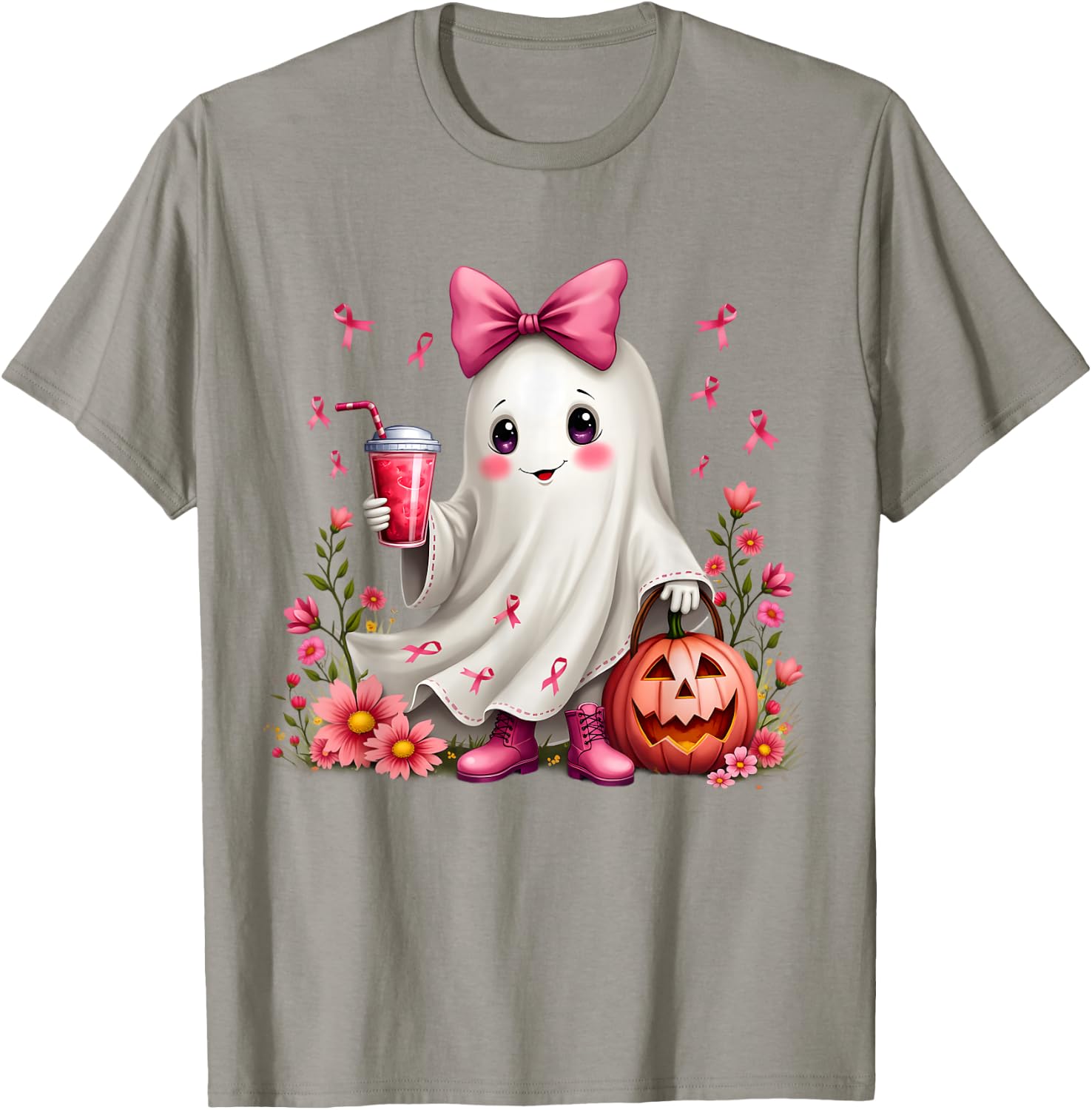 In October We Wear Pink Ghost Breast Cancer Awareness T-Shirt - T-Shirt | Sand