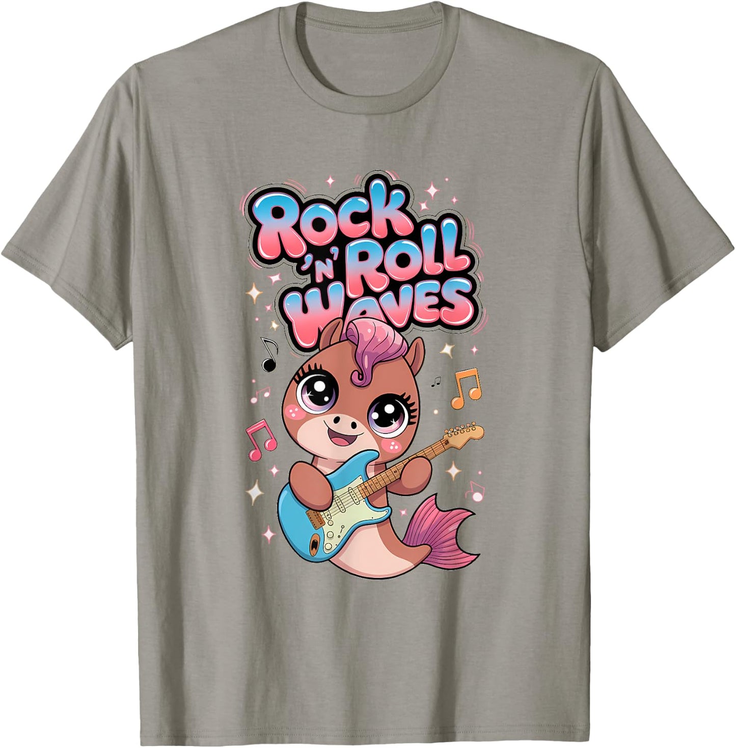 Kawaii Rock 'n Roll Waves Musical Sea Horse Design T-Shirt - T-Shirt | Sand