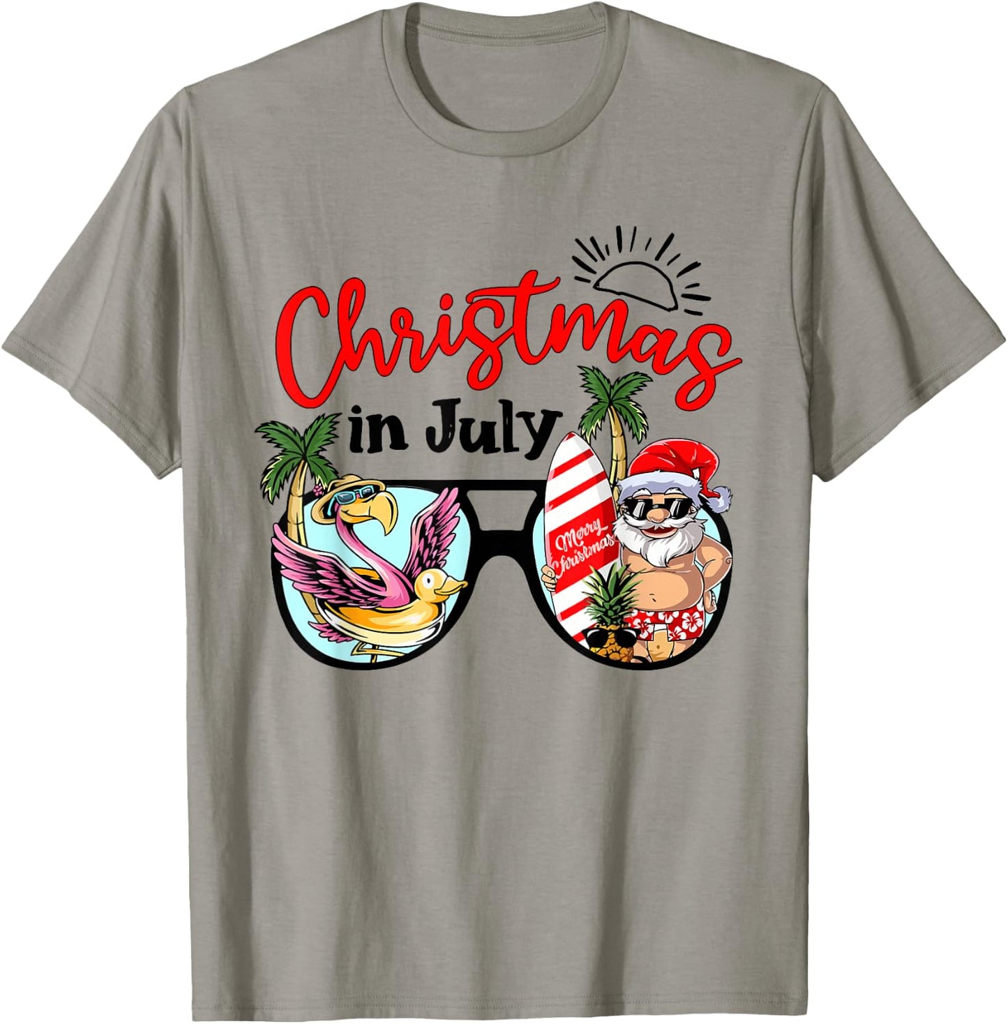 Christmas In July Sunglasses Santa Flamingo Summer Vacation T-Shirt - T-Shirt | Sand