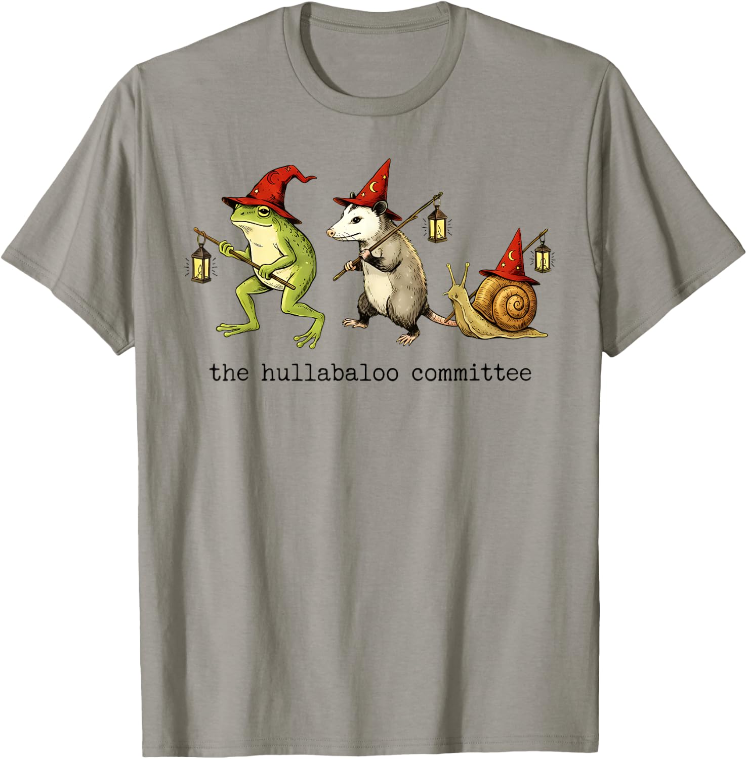The Hullabaloo Committee Frog Opossum Snail Wizard Title T-Shirt - T-Shirt | Sand