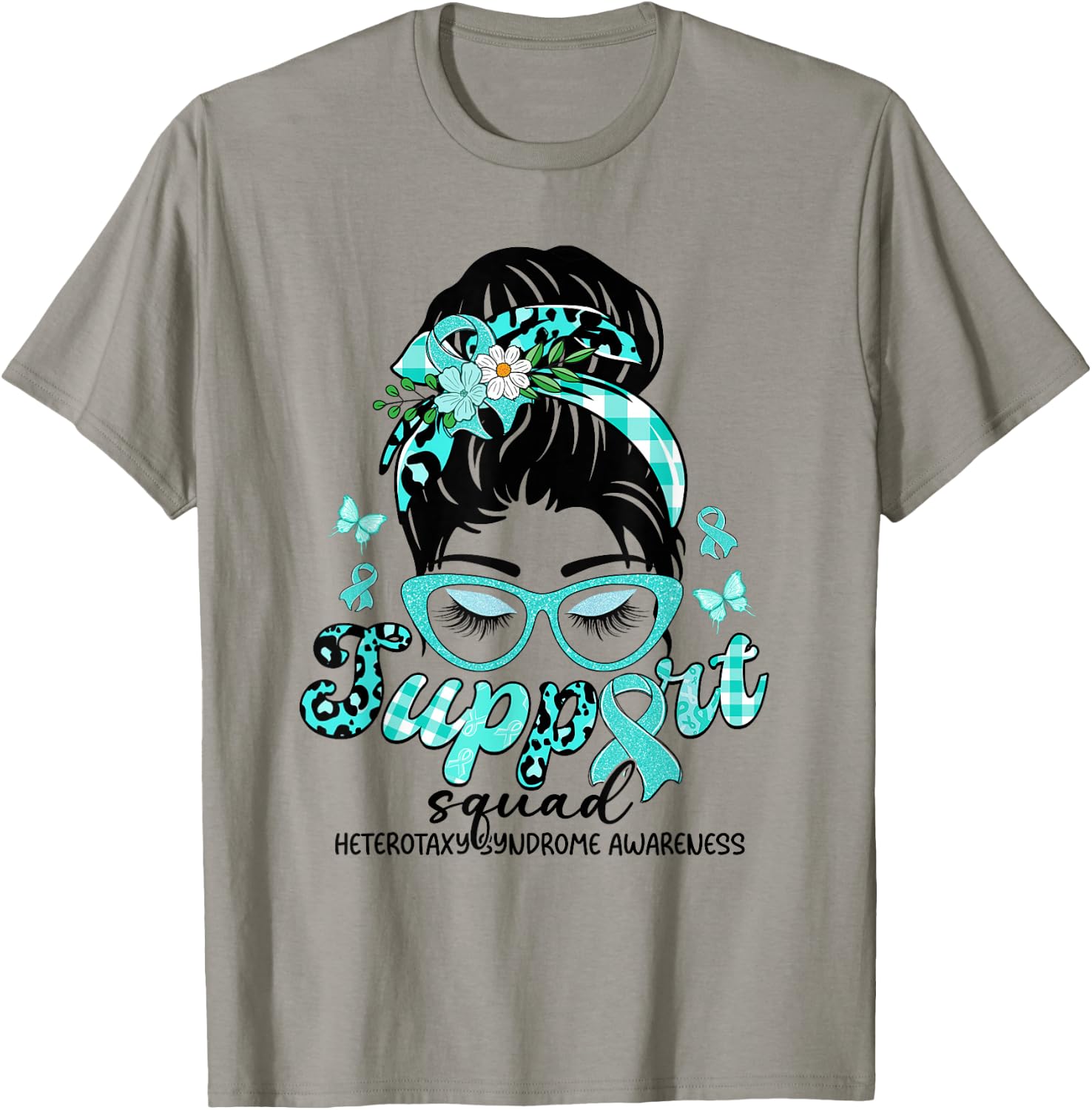 Support Squad Messy Bun Leopard Heterotaxy Syndrome T-Shirt - T-Shirt | Sand