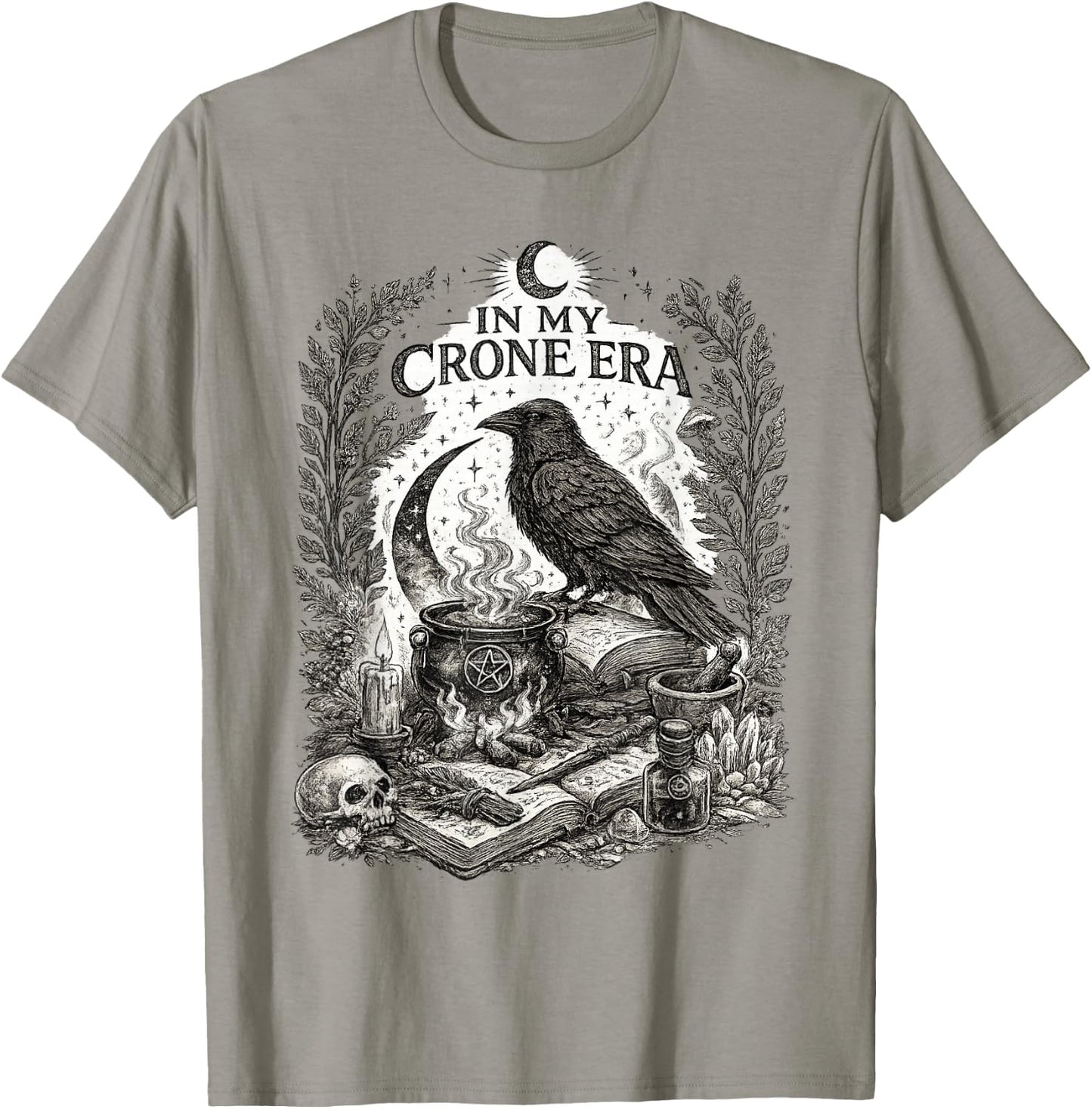 in My Crone Era Witchy Raven Cauldron Goth Witch T-Shirt - T-Shirt | Sand
