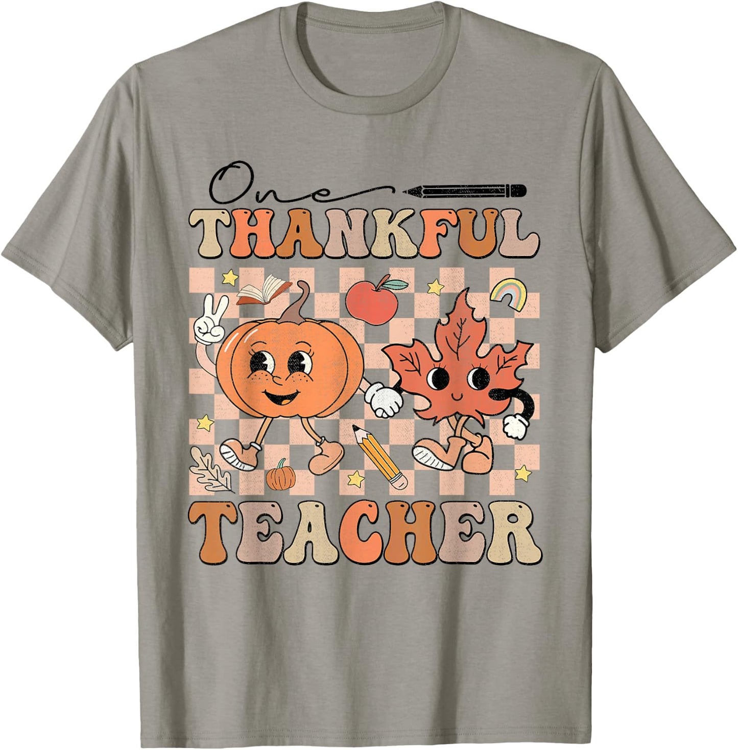 One Thankful Teacher Thanksgiving Groovy Fall Autumn Teacher T-Shirt - T-Shirt | Sand