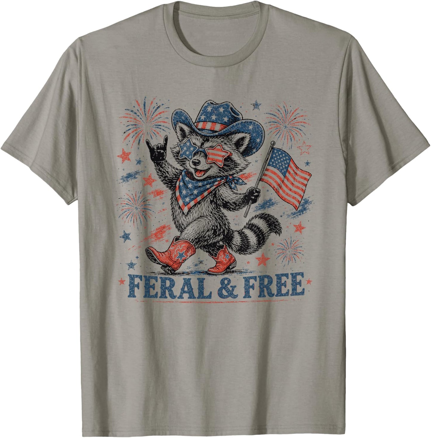4th of July Feral and Free Patriotic Raccoon Cowboy T-Shirt - T-Shirt | Sand