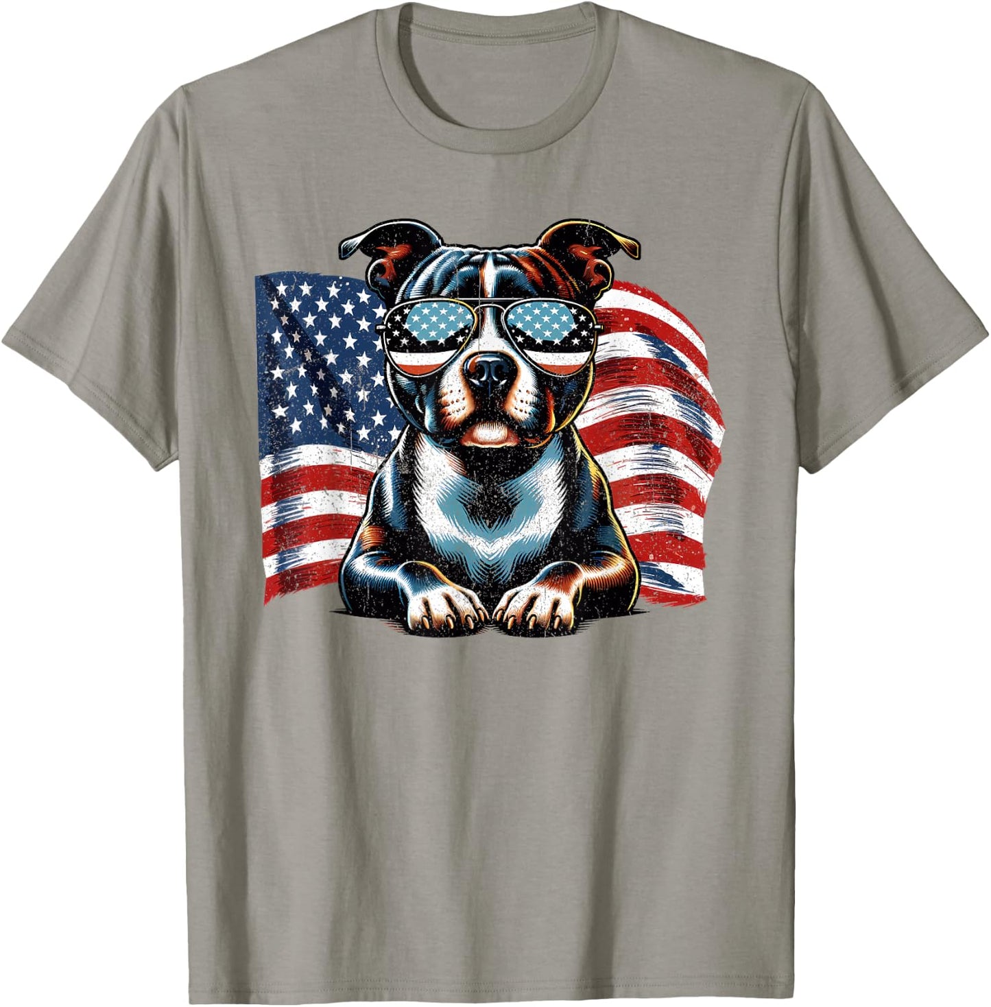 Staffordshire Bull Terrier US Flag Patriotic Freedom Vintage T-Shirt - T-Shirt | Sand