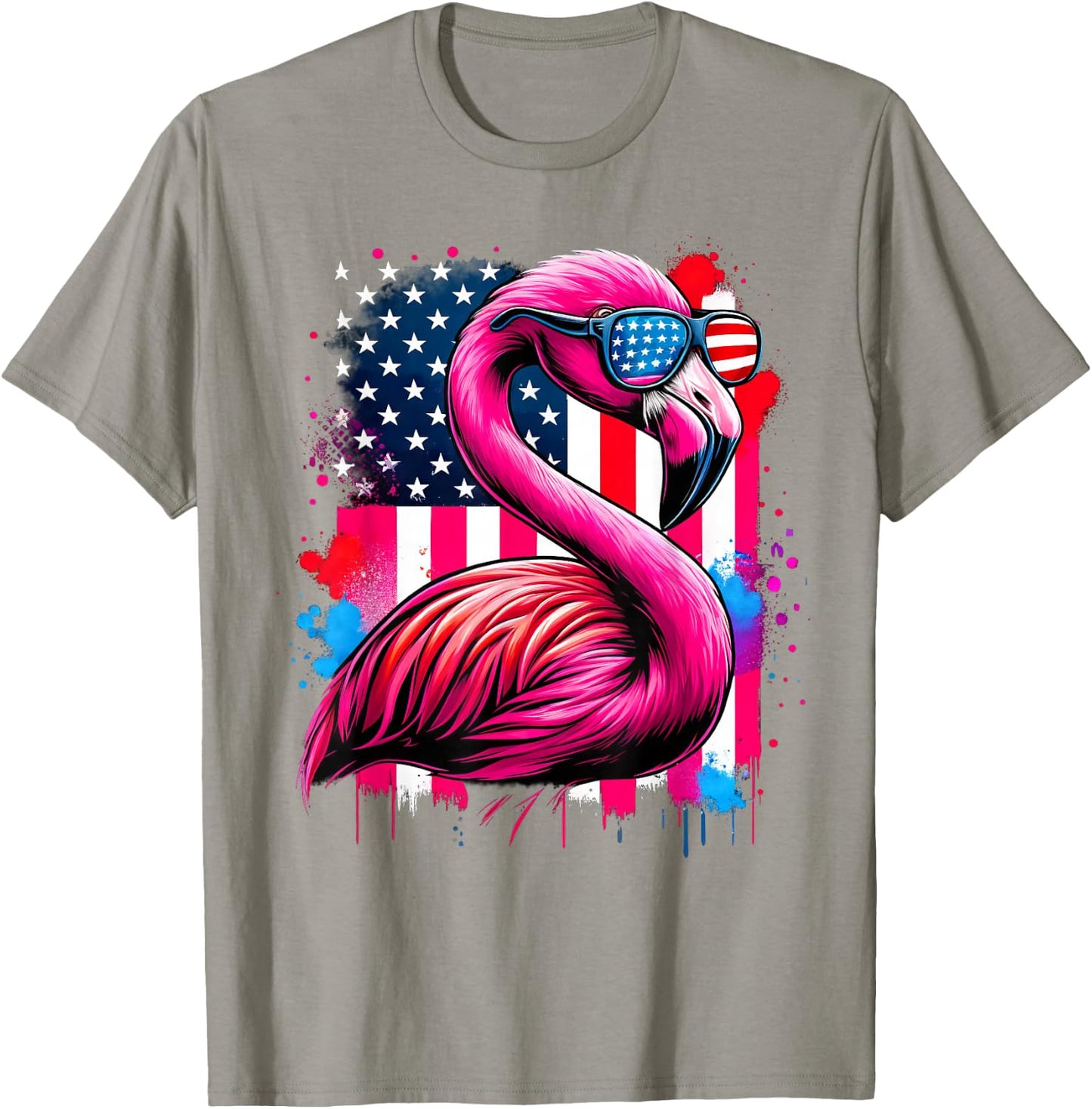 Pink Flamingo USA Flag 4th of July Sunglasses Patriotic T-Shirt - T-Shirt | Sand