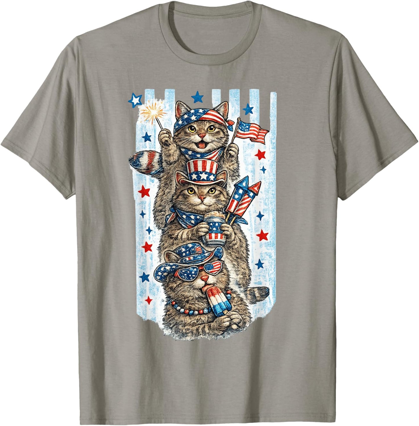 Funny USA Party Cats Vintage Patriotic Animal Fireworks T-Shirt - T-Shirt | Sand