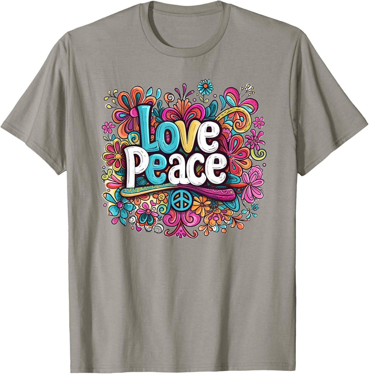 Love and Peace Hippie Flowers Hippy 60s 70s , White T-Shirt - T-Shirt | Sand