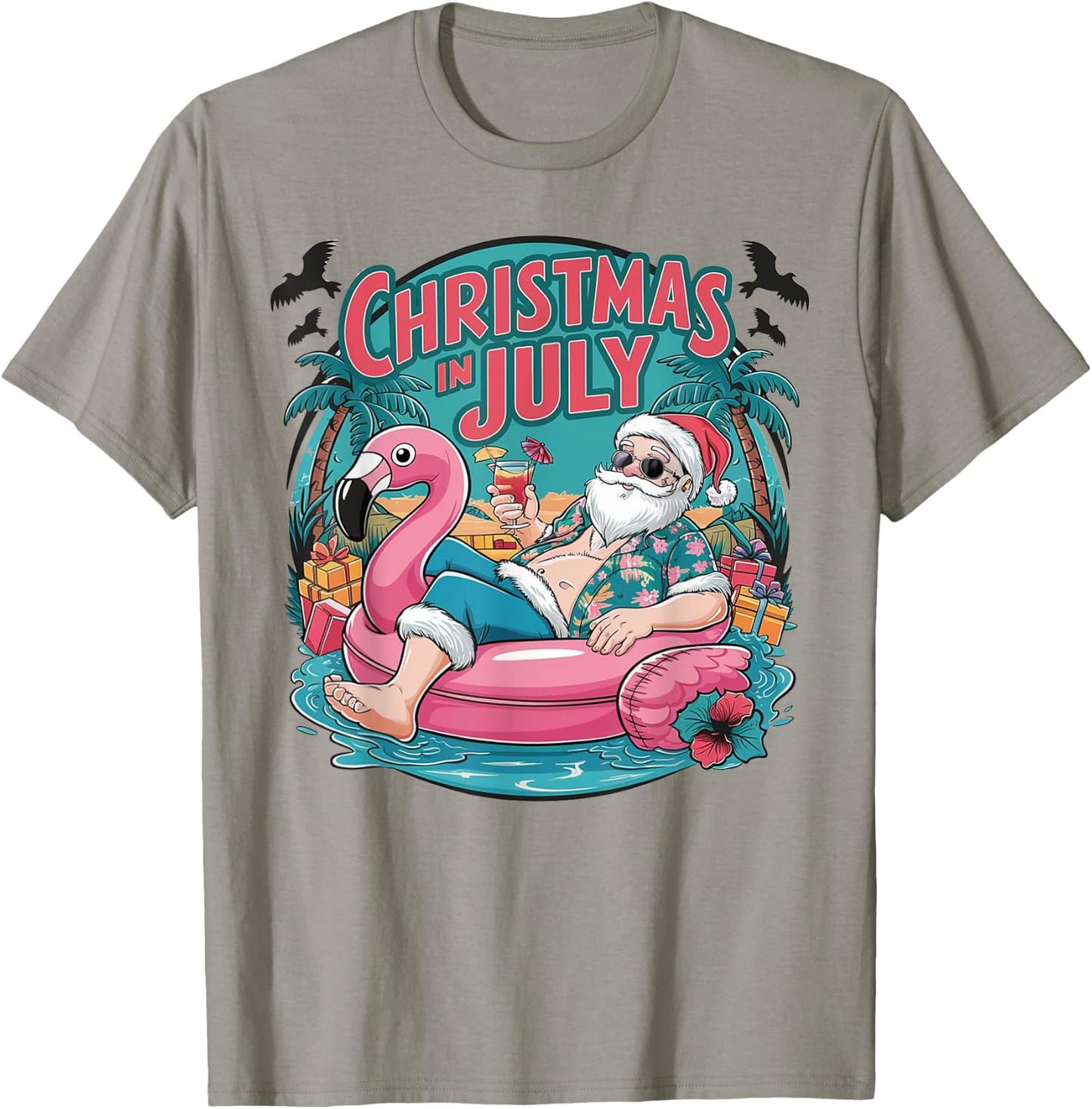 Funny Santa Flamingo Christmas In July Summer Xmas Women Kid T-Shirt - T-Shirt | Sand