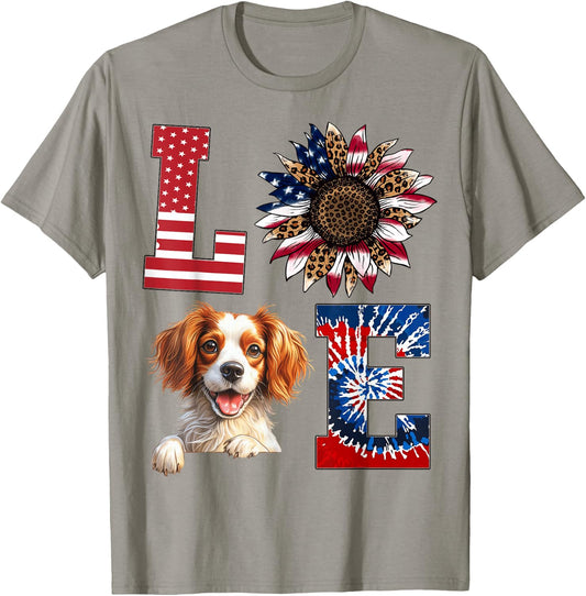Love Brittany Spaniel Dog American Flag 4th of July T-Shirt - T-Shirt | Sand