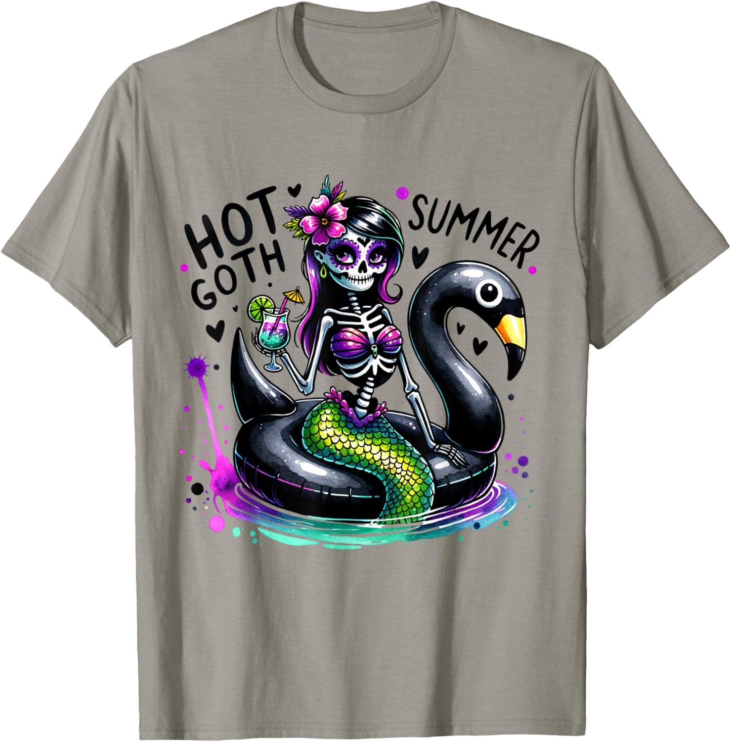 Goth Ghoul Summer Mermaid Skeleton Summerween Pool Party T-Shirt - T-Shirt | Sand